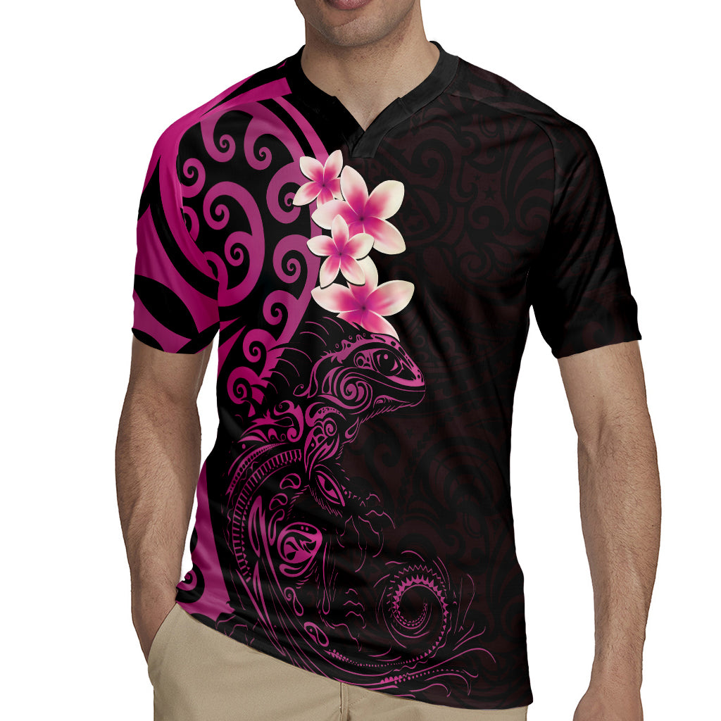 New Zealand Tuatara Plumeria Rugby Jersey Maori Pink Koru Tribal Tattoo