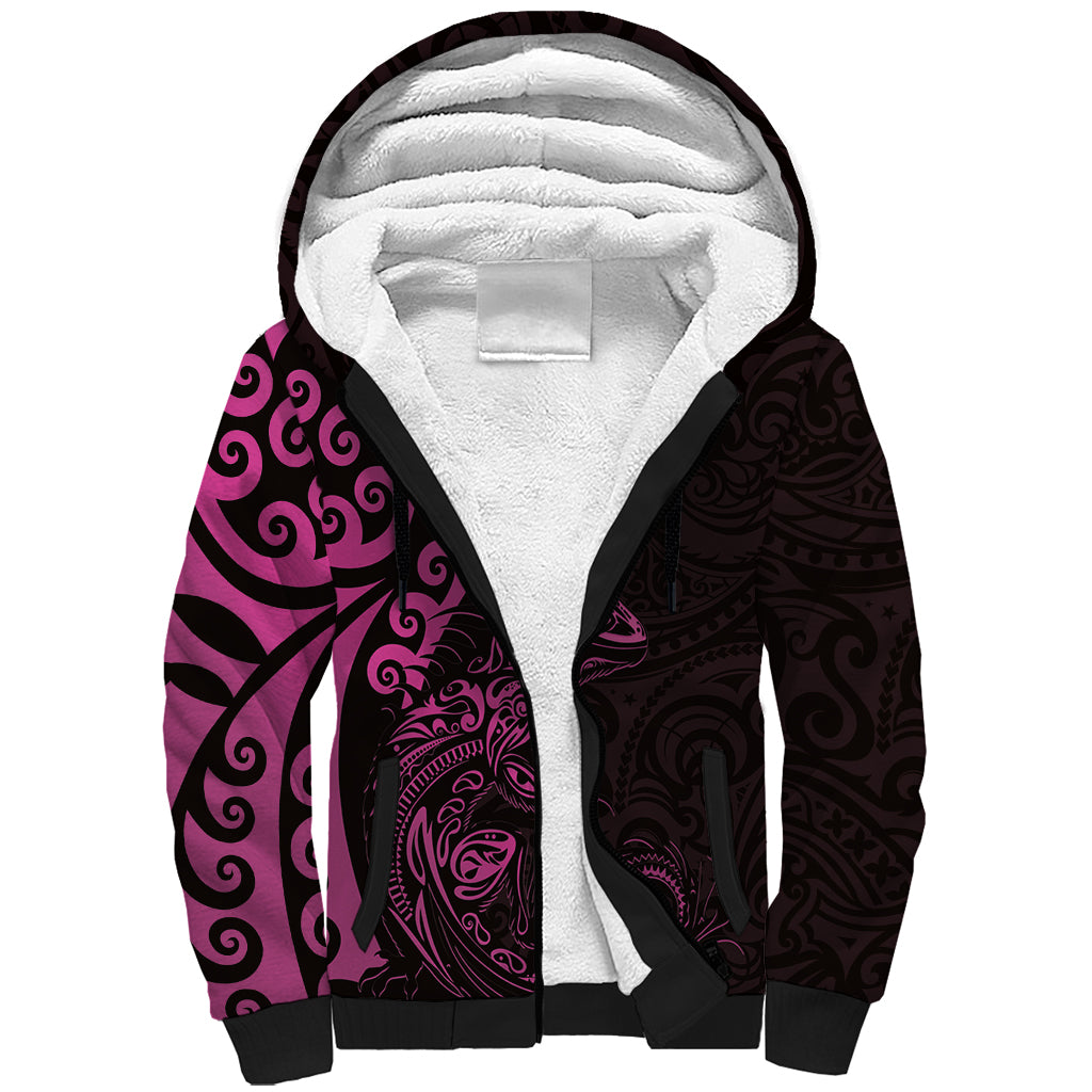 New Zealand Tuatara Plumeria Sherpa Hoodie Maori Pink Koru Tribal Tattoo LT01 Unisex Pink - Polynesian Pride