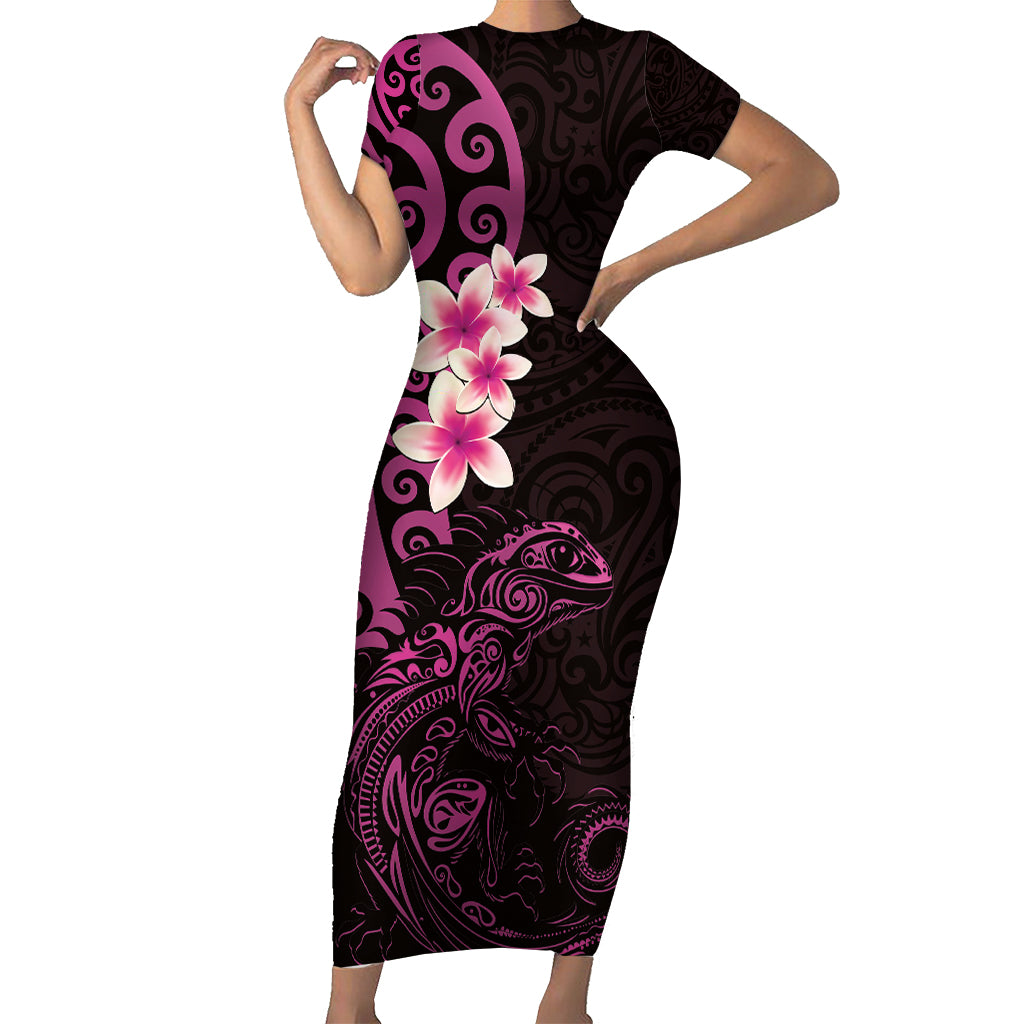New Zealand Tuatara Plumeria Short Sleeve Bodycon Dress Maori Pink Koru Tribal Tattoo