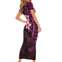 New Zealand Tuatara Plumeria Short Sleeve Bodycon Dress Maori Pink Koru Tribal Tattoo