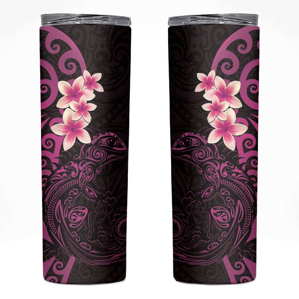 New Zealand Tuatara Plumeria Skinny Tumbler Maori Pink Koru Tribal Tattoo