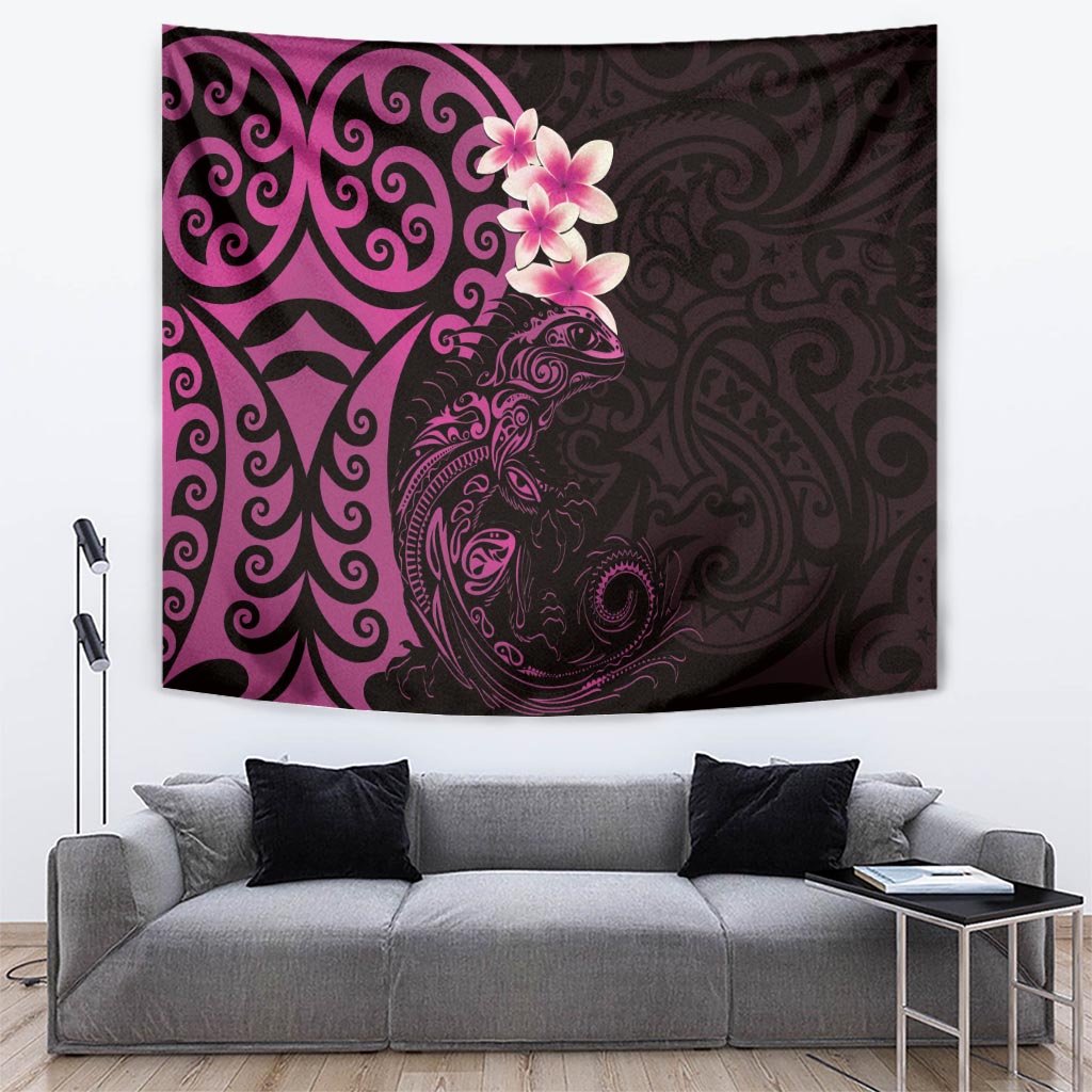 New Zealand Tuatara Plumeria Tapestry Maori Pink Koru Tribal Tattoo