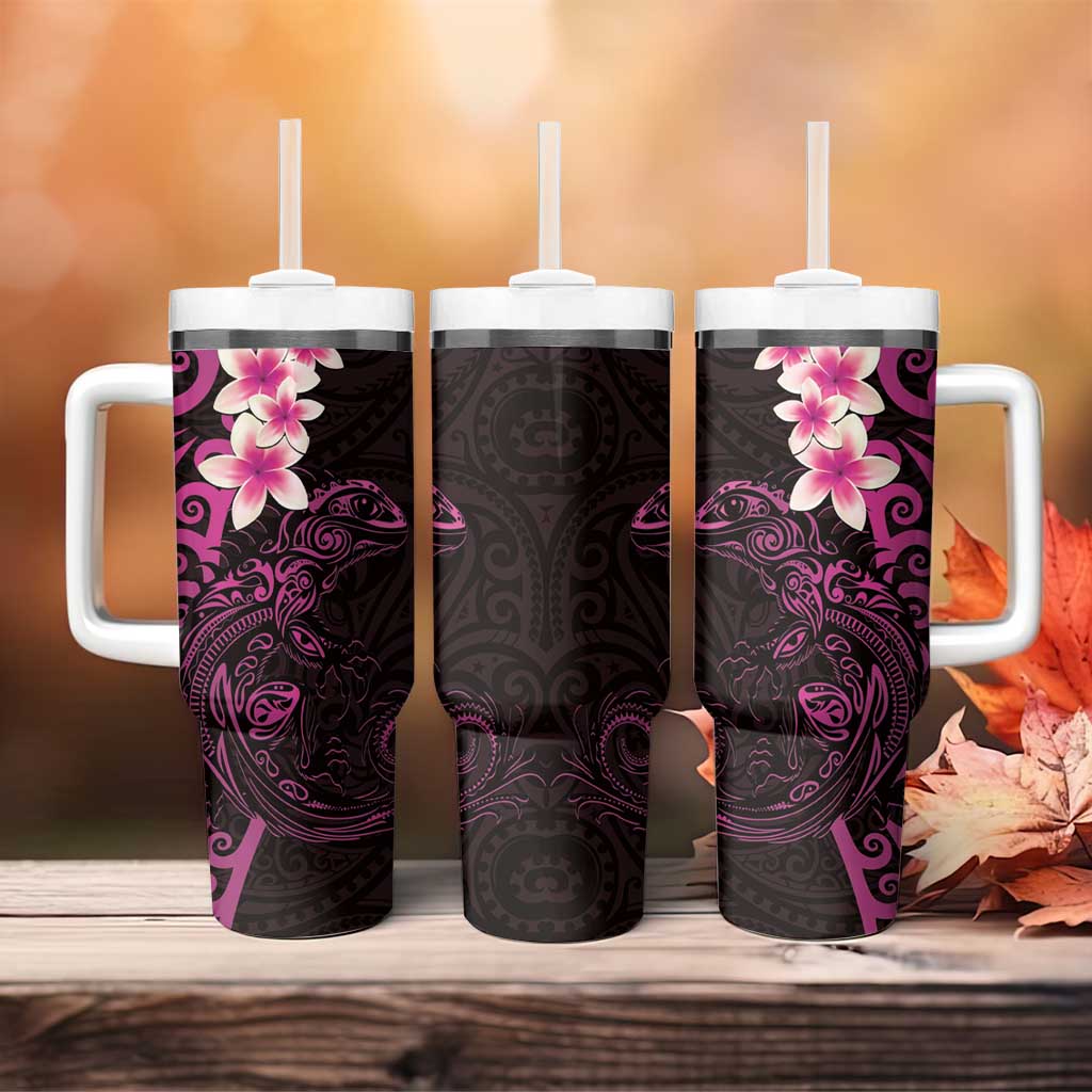 New Zealand Tuatara Plumeria Tumbler With Handle Maori Pink Koru Tribal Tattoo