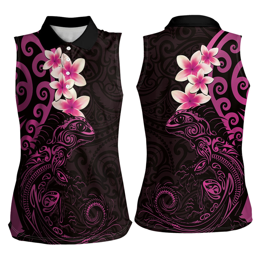 New Zealand Tuatara Plumeria Women Sleeveless Polo Shirt Maori Pink Koru Tribal Tattoo