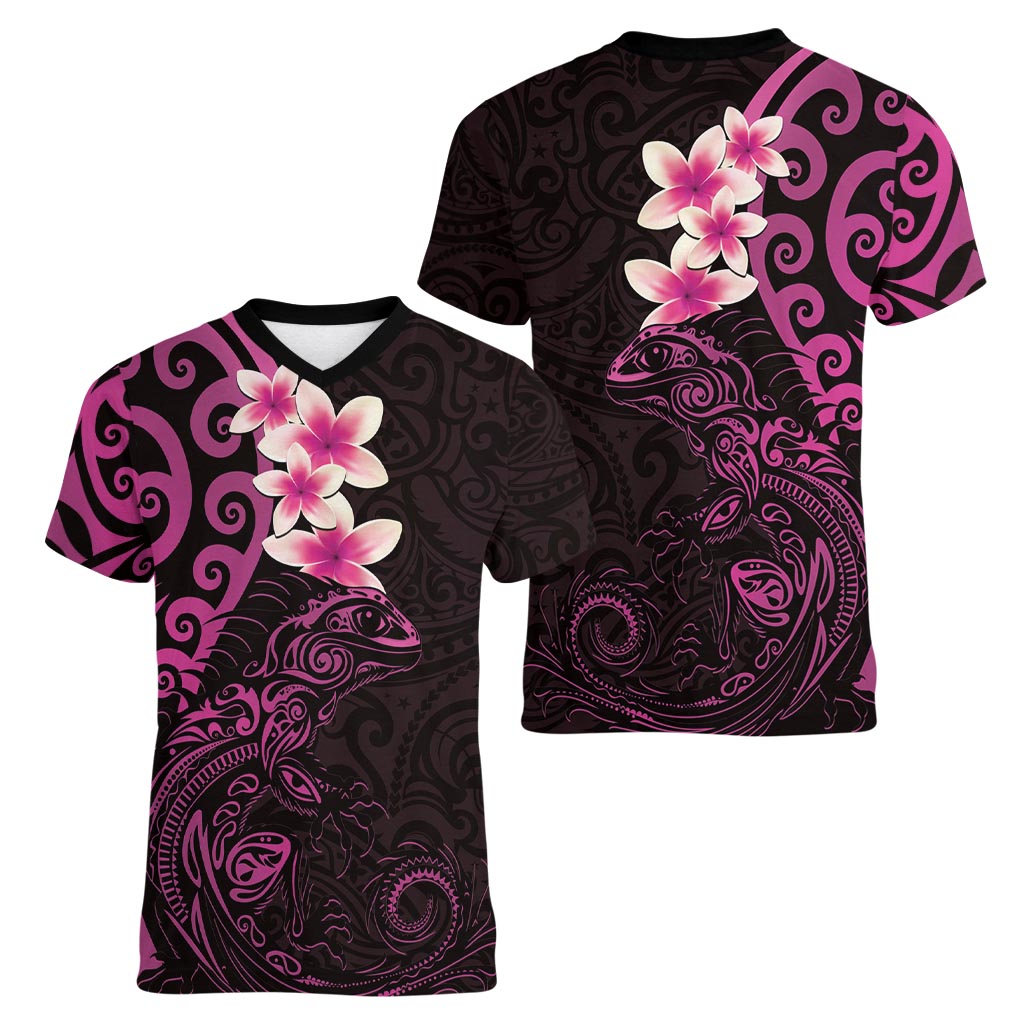 New Zealand Tuatara Plumeria Women V-Neck T-Shirt Maori Pink Koru Tribal Tattoo