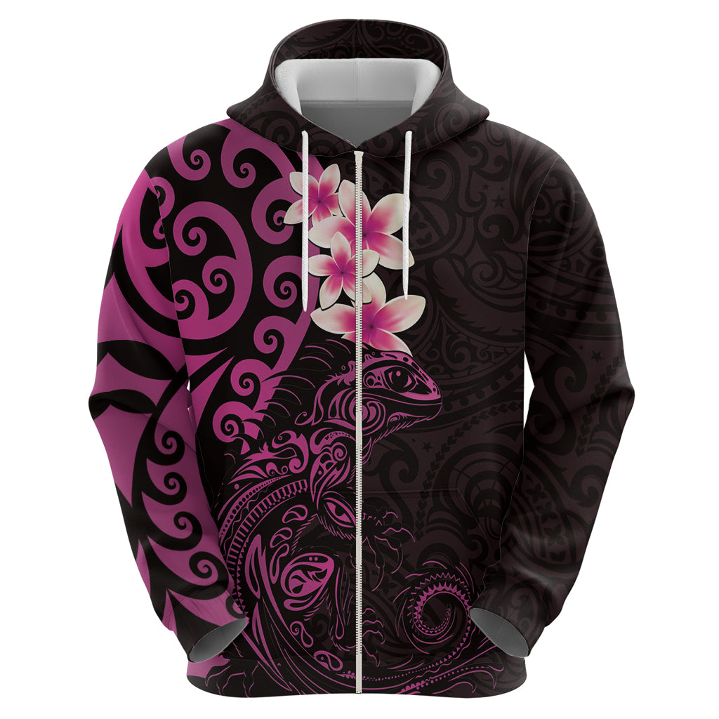 New Zealand Tuatara Plumeria Zip Hoodie Maori Pink Koru Tribal Tattoo