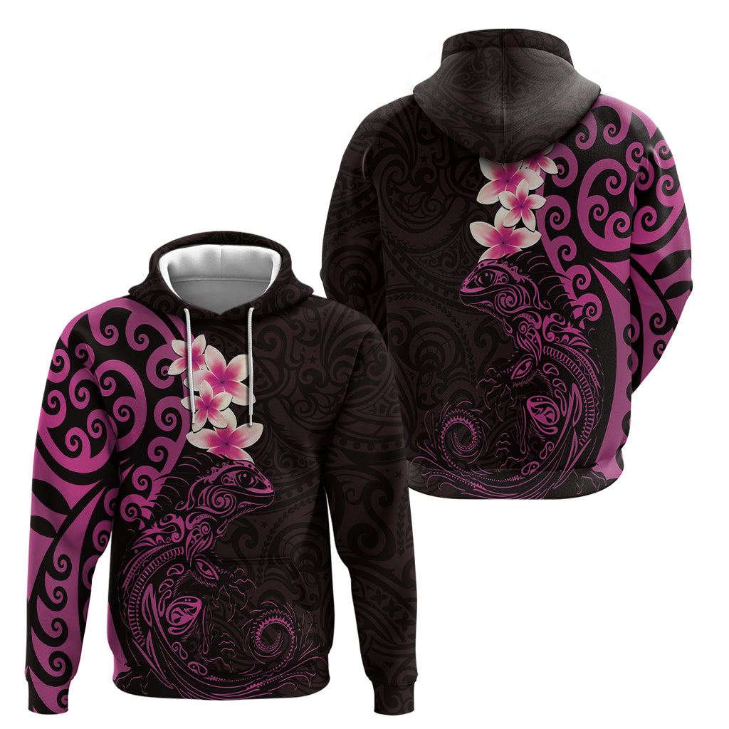 New Zealand Tuatara Plumeria Zip Hoodie Maori Pink Koru Tribal Tattoo
