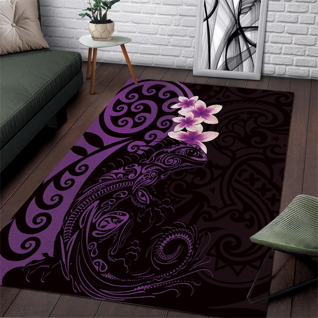 New Zealand Tuatara Plumeria Area Rug Maori Purple Koru Tribal Tattoo