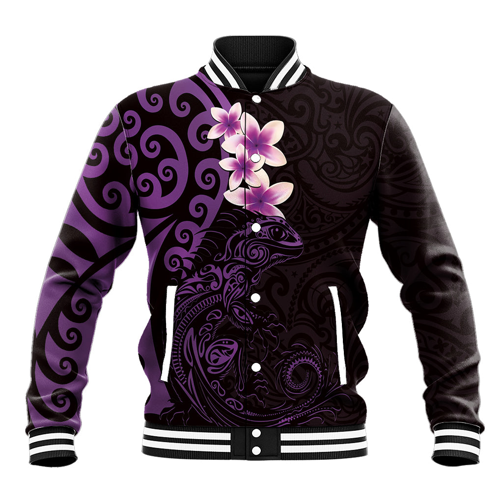 New Zealand Tuatara Plumeria Baseball Jacket Maori Purple Koru Tribal Tattoo LT01 Unisex Purple - Polynesian Pride