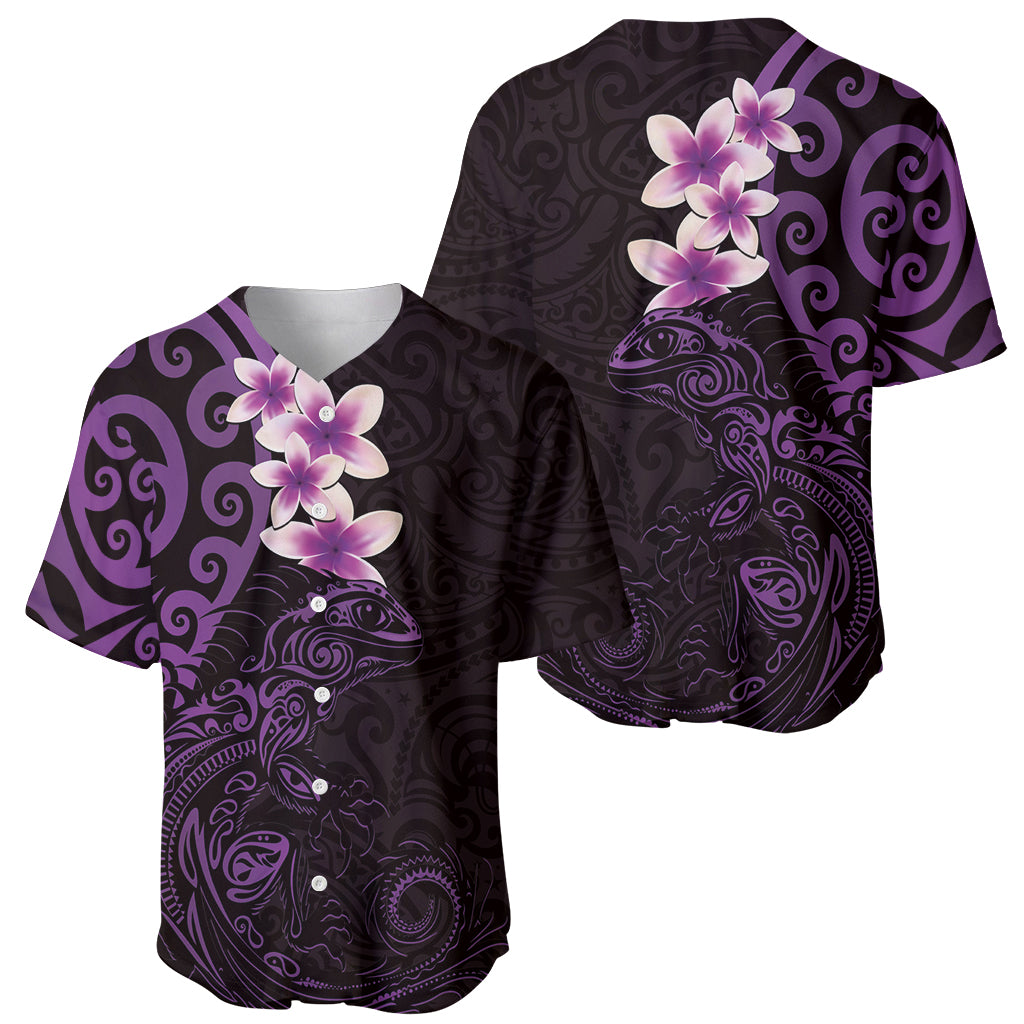 New Zealand Tuatara Plumeria Baseball Jersey Maori Purple Koru Tribal Tattoo