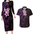 New Zealand Tuatara Plumeria Couples Matching Long Sleeve Bodycon Dress and Hawaiian Shirt Maori Purple Koru Tribal Tattoo