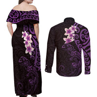 New Zealand Tuatara Plumeria Couples Matching Off Shoulder Maxi Dress and Long Sleeve Button Shirt Maori Purple Koru Tribal Tattoo