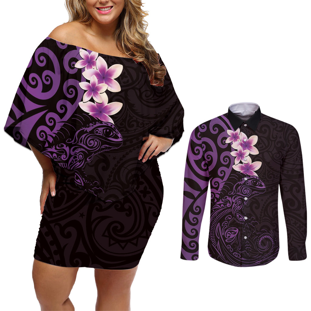 New Zealand Tuatara Plumeria Couples Matching Off Shoulder Short Dress and Long Sleeve Button Shirt Maori Purple Koru Tribal Tattoo