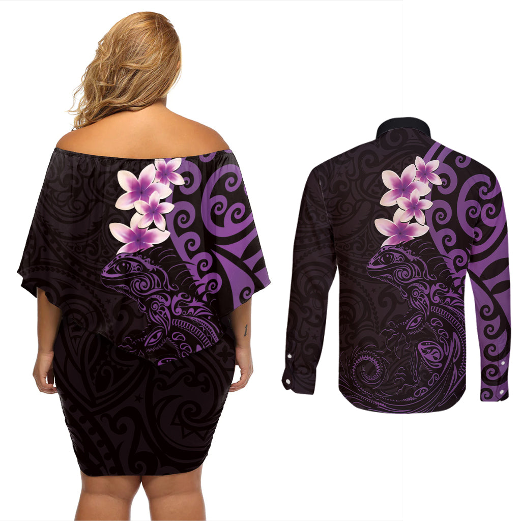 New Zealand Tuatara Plumeria Couples Matching Off Shoulder Short Dress and Long Sleeve Button Shirt Maori Purple Koru Tribal Tattoo