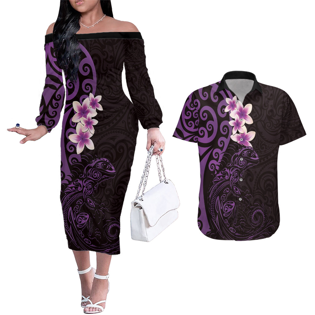 New Zealand Tuatara Plumeria Couples Matching Off The Shoulder Long Sleeve Dress and Hawaiian Shirt Maori Purple Koru Tribal Tattoo LT01 Purple - Polynesian Pride