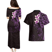 New Zealand Tuatara Plumeria Couples Matching Puletasi and Hawaiian Shirt Maori Purple Koru Tribal Tattoo