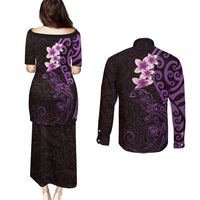 New Zealand Tuatara Plumeria Couples Matching Puletasi and Long Sleeve Button Shirt Maori Purple Koru Tribal Tattoo