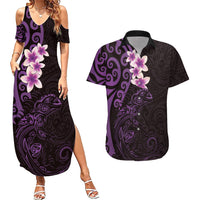 New Zealand Tuatara Plumeria Couples Matching Summer Maxi Dress and Hawaiian Shirt Maori Purple Koru Tribal Tattoo