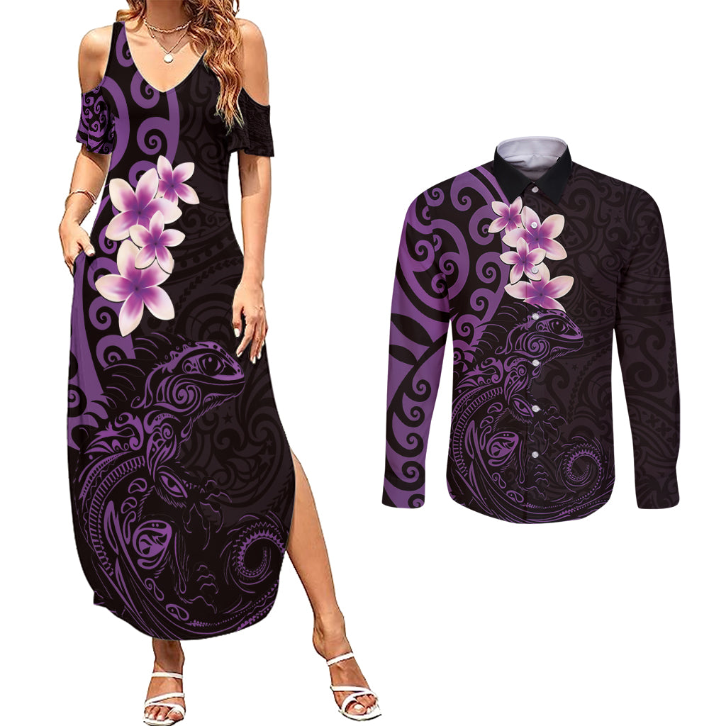 New Zealand Tuatara Plumeria Couples Matching Summer Maxi Dress and Long Sleeve Button Shirt Maori Purple Koru Tribal Tattoo
