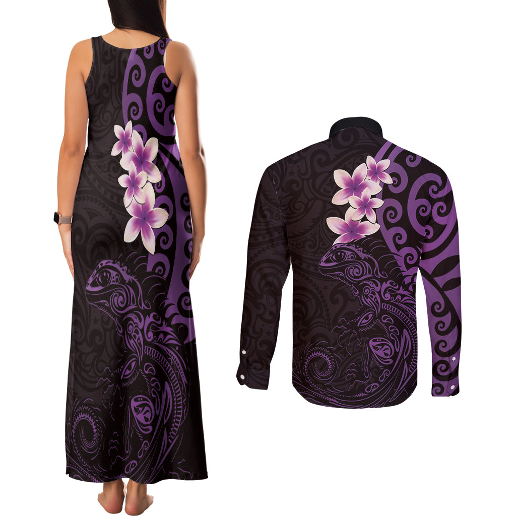 New Zealand Tuatara Plumeria Couples Matching Tank Maxi Dress and Long Sleeve Button Shirt Maori Purple Koru Tribal Tattoo