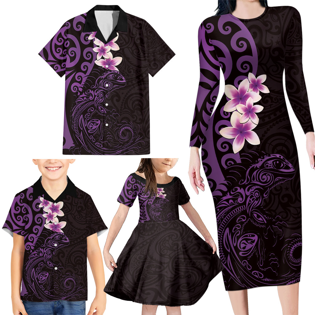 New Zealand Tuatara Plumeria Family Matching Long Sleeve Bodycon Dress and Hawaiian Shirt Maori Purple Koru Tribal Tattoo