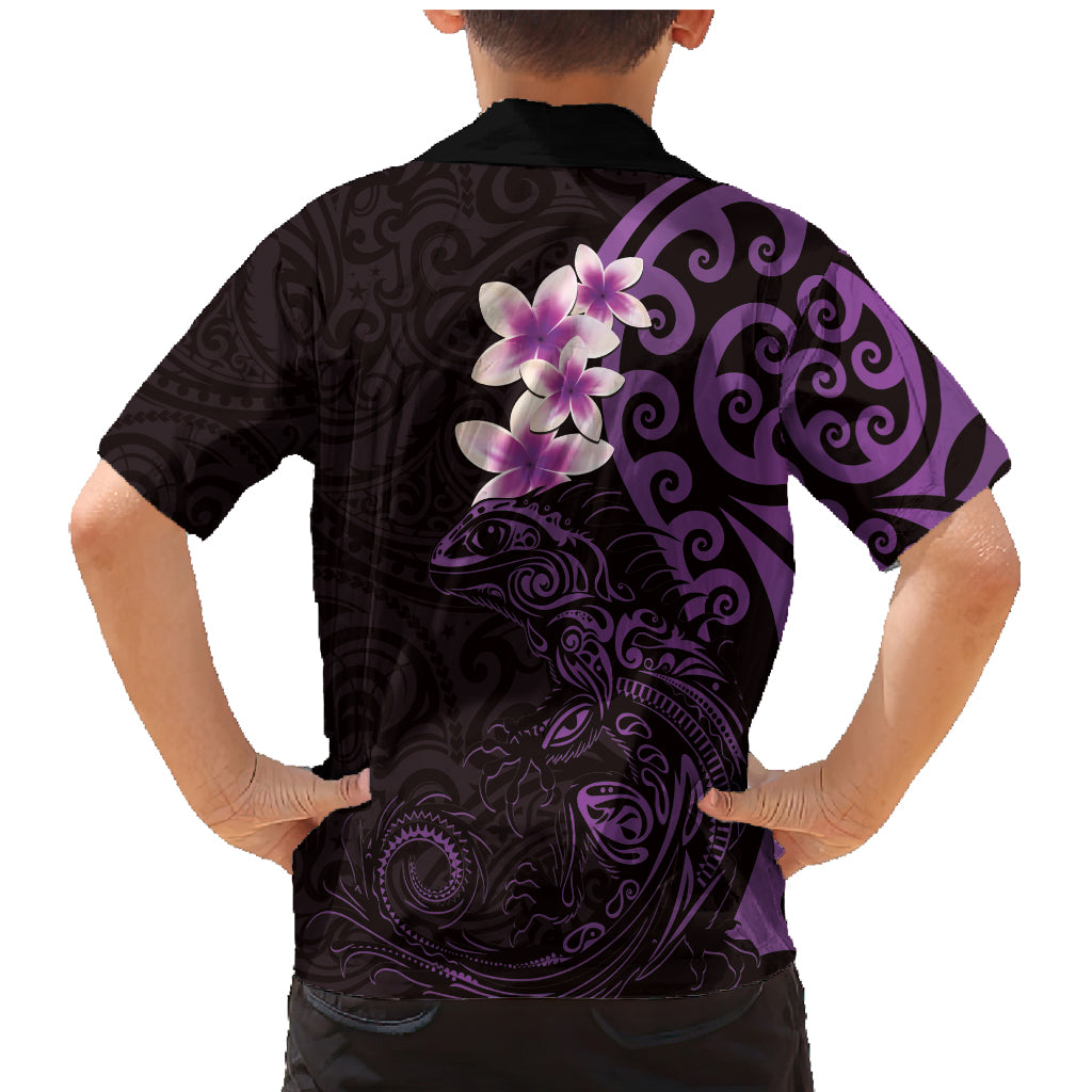 New Zealand Tuatara Plumeria Family Matching Mermaid Dress and Hawaiian Shirt Maori Purple Koru Tribal Tattoo