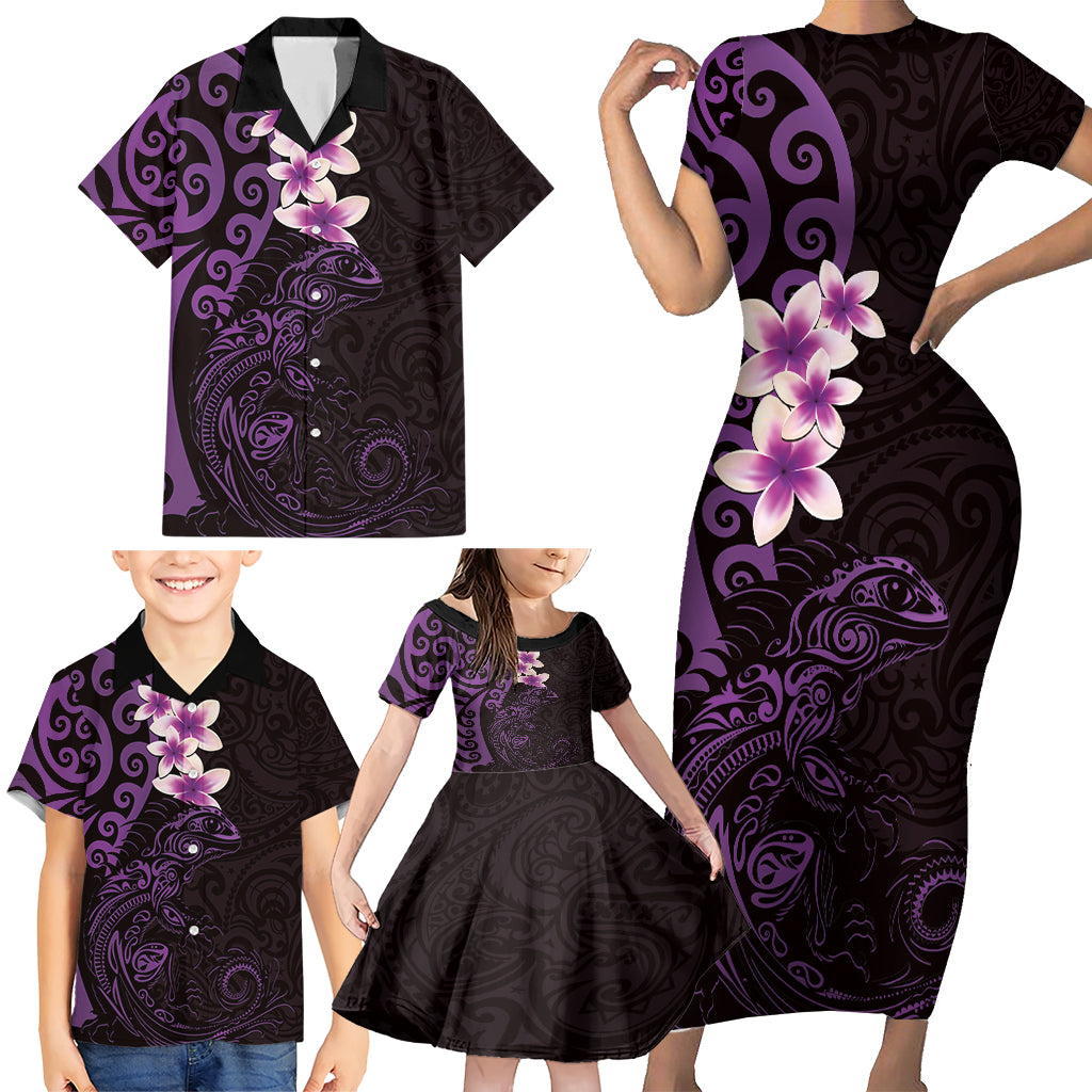 New Zealand Tuatara Plumeria Family Matching Short Sleeve Bodycon Dress and Hawaiian Shirt Maori Purple Koru Tribal Tattoo