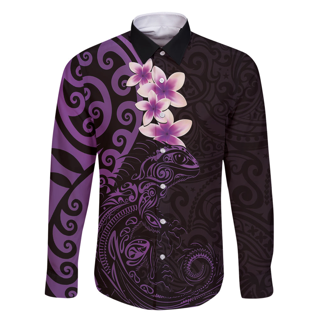 New Zealand Tuatara Plumeria Family Matching Summer Maxi Dress and Hawaiian Shirt Maori Purple Koru Tribal Tattoo