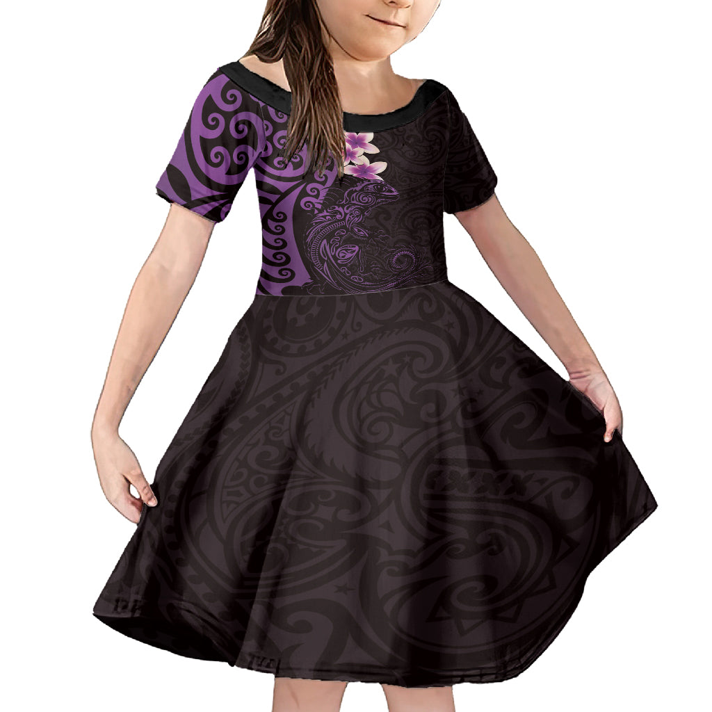 New Zealand Tuatara Plumeria Family Matching Tank Maxi Dress and Hawaiian Shirt Maori Purple Koru Tribal Tattoo