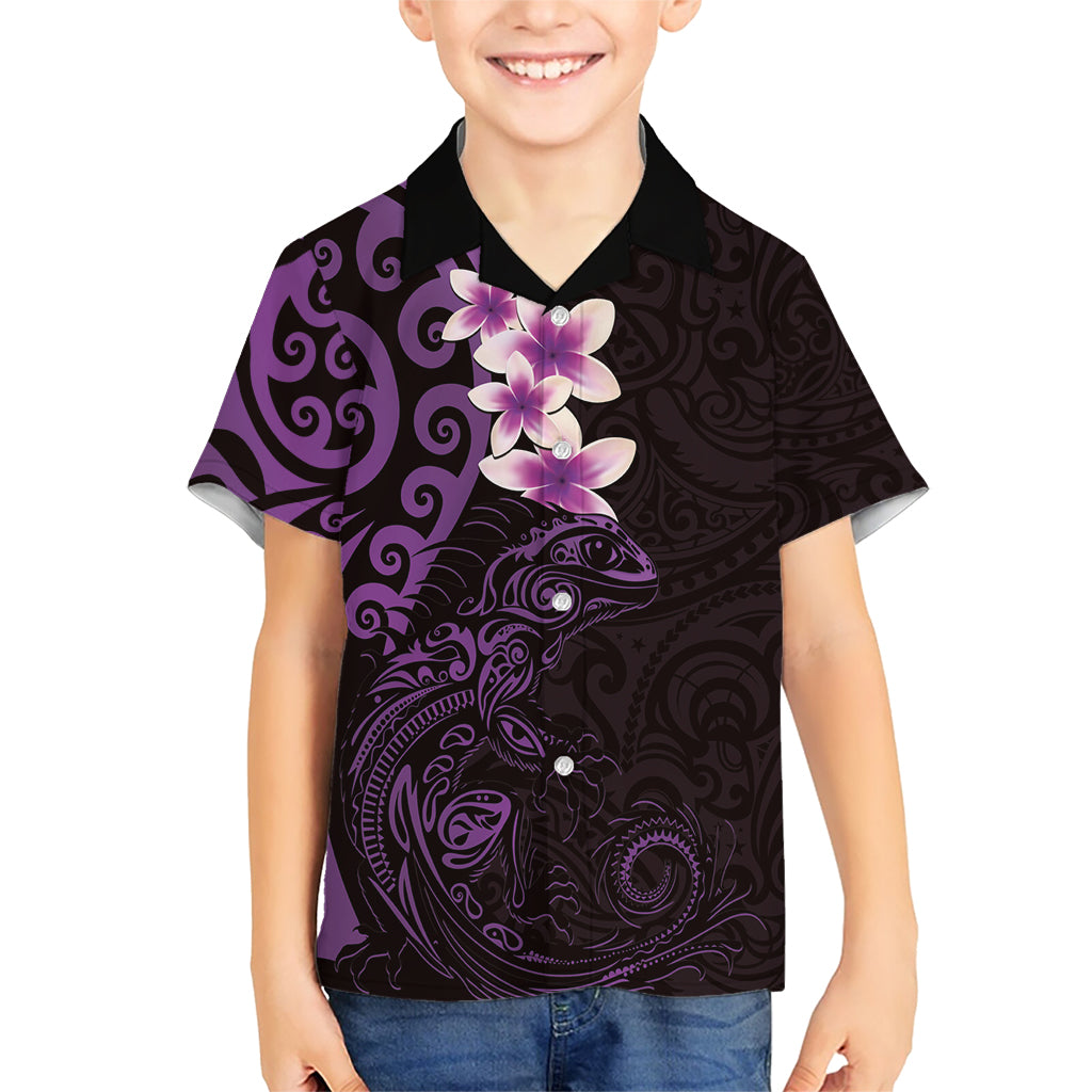 New Zealand Tuatara Plumeria Kid Hawaiian Shirt Maori Purple Koru Tribal Tattoo