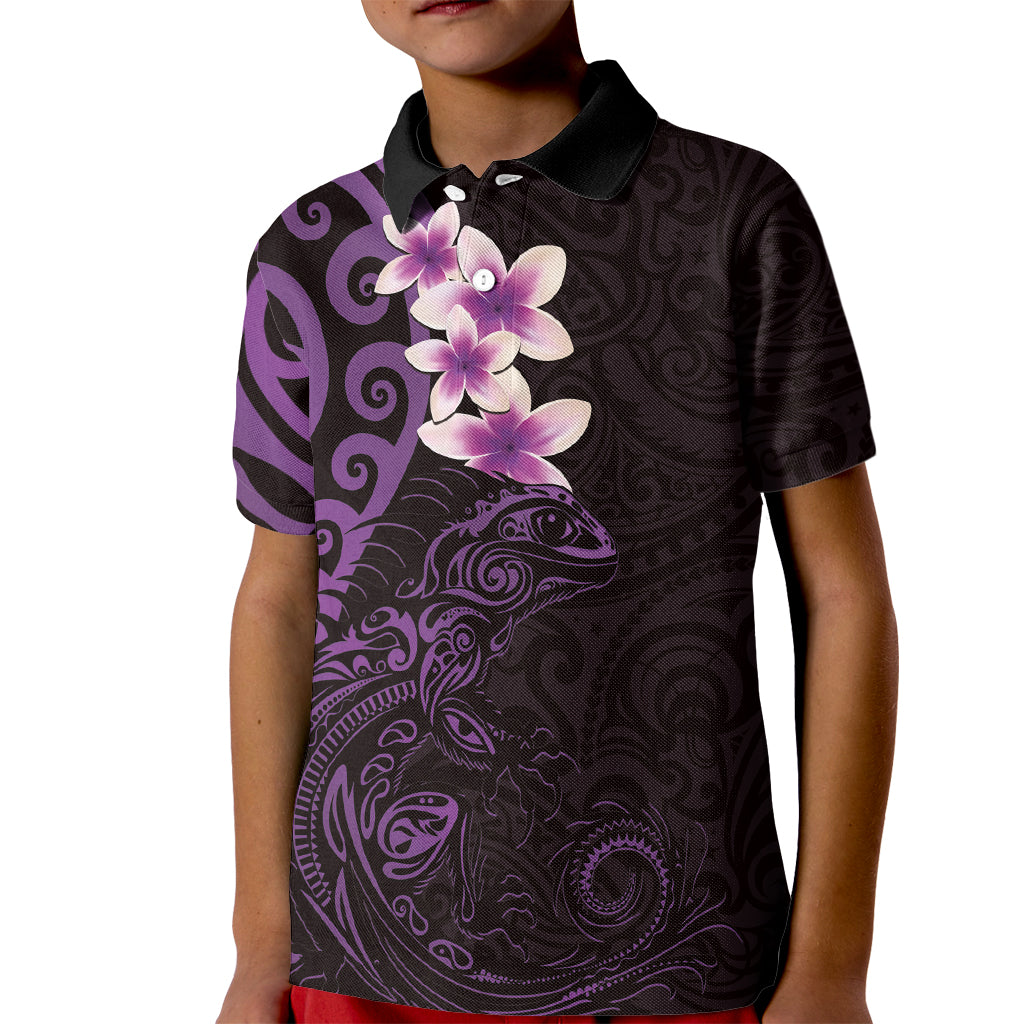 New Zealand Tuatara Plumeria Kid Polo Shirt Maori Purple Koru Tribal Tattoo