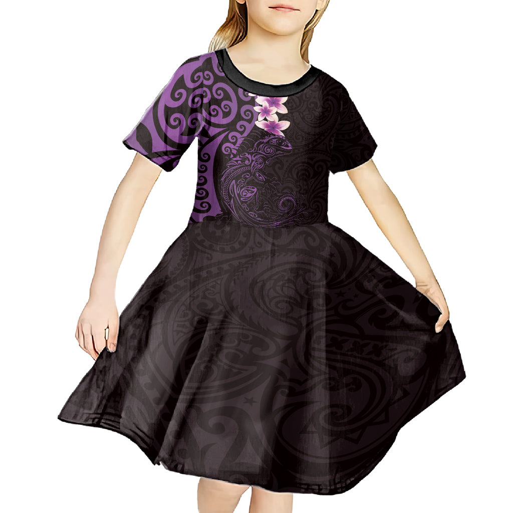 New Zealand Tuatara Plumeria Kid Short Sleeve Dress Maori Purple Koru Tribal Tattoo