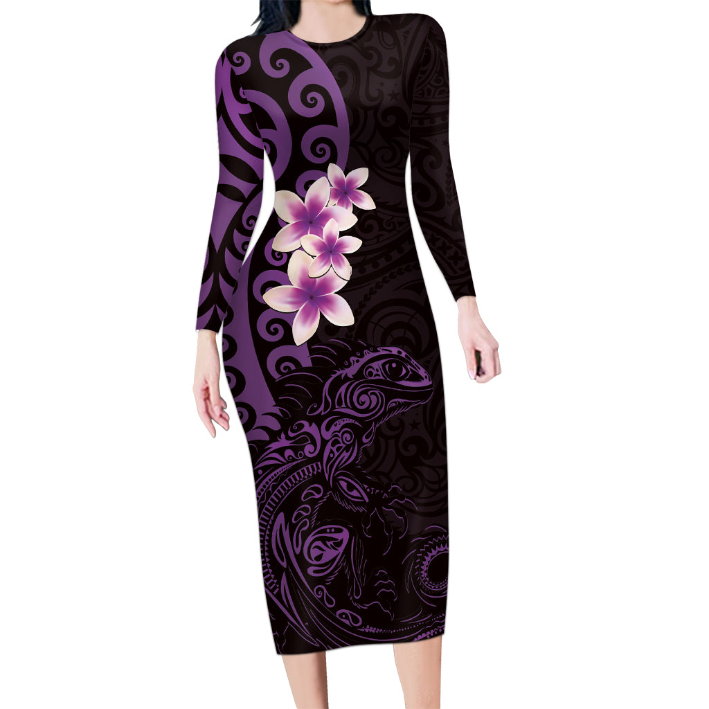 New Zealand Tuatara Plumeria Long Sleeve Bodycon Dress Maori Purple Koru Tribal Tattoo