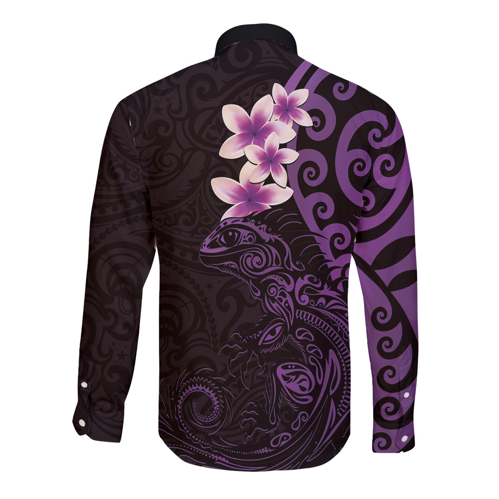 New Zealand Tuatara Plumeria Long Sleeve Button Shirt Maori Purple Koru Tribal Tattoo