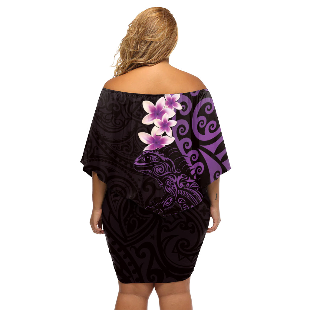 New Zealand Tuatara Plumeria Off Shoulder Short Dress Maori Purple Koru Tribal Tattoo