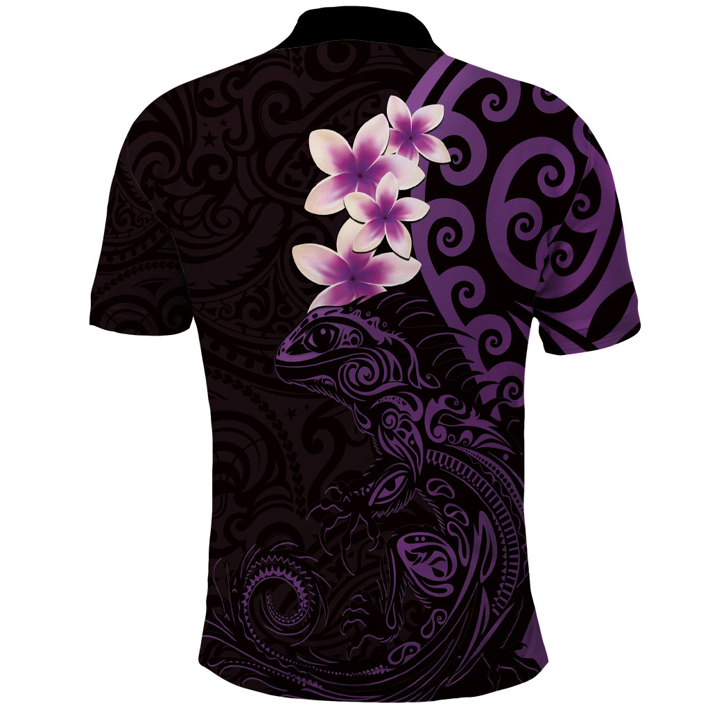 New Zealand Tuatara Plumeria Polo Shirt Maori Purple Koru Tribal Tattoo