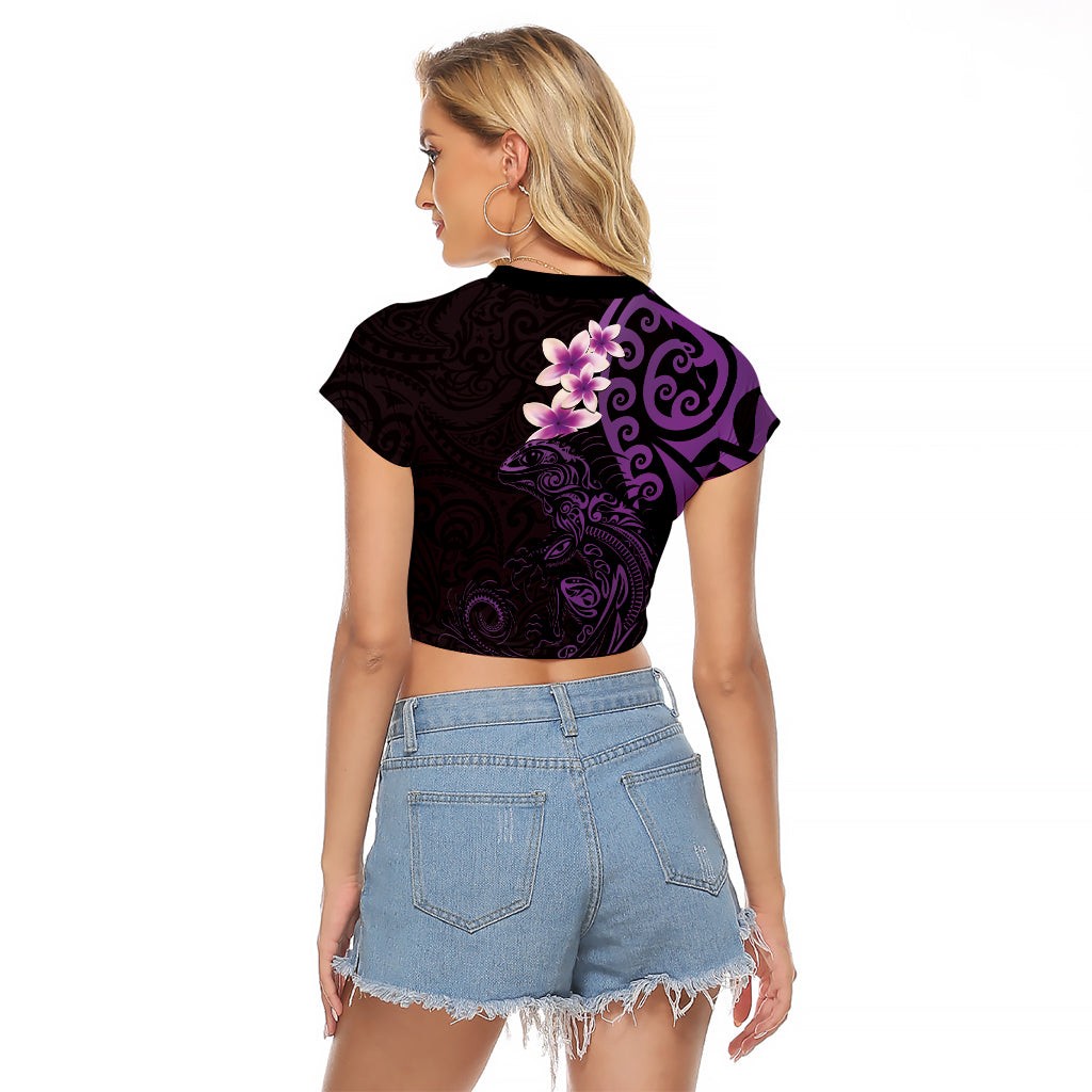 New Zealand Tuatara Plumeria Raglan Cropped T Shirt Maori Purple Koru Tribal Tattoo