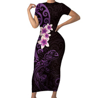 New Zealand Tuatara Plumeria Short Sleeve Bodycon Dress Maori Purple Koru Tribal Tattoo
