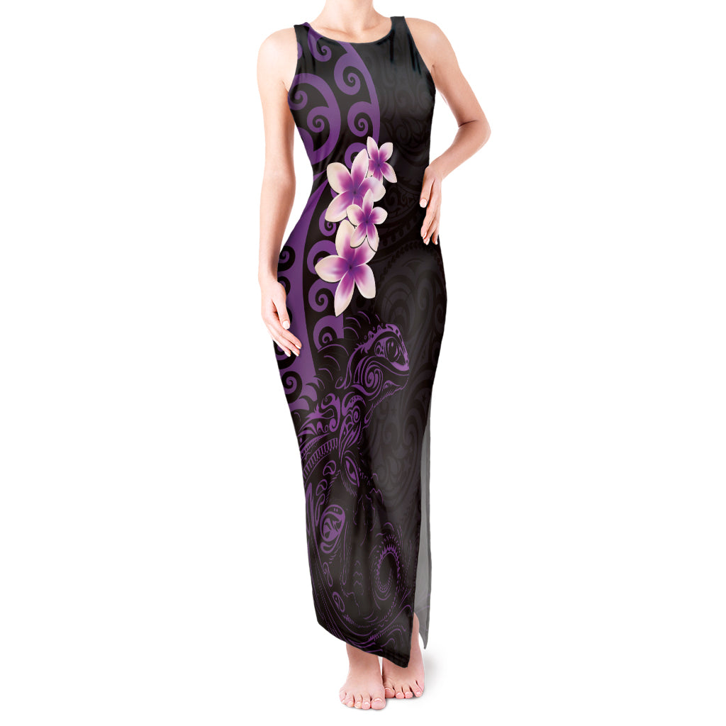 New Zealand Tuatara Plumeria Tank Maxi Dress Maori Purple Koru Tribal Tattoo