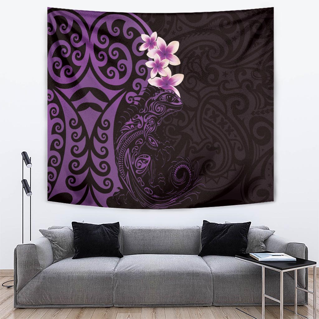 New Zealand Tuatara Plumeria Tapestry Maori Purple Koru Tribal Tattoo