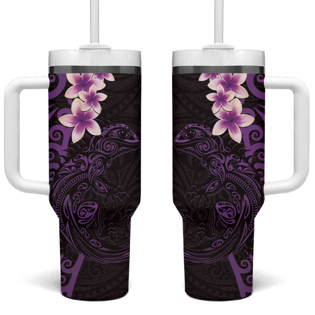 New Zealand Tuatara Plumeria Tumbler With Handle Maori Purple Koru Tribal Tattoo