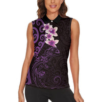 New Zealand Tuatara Plumeria Women Sleeveless Polo Shirt Maori Purple Koru Tribal Tattoo