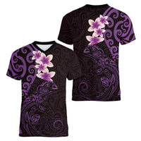 New Zealand Tuatara Plumeria Women V-Neck T-Shirt Maori Purple Koru Tribal Tattoo