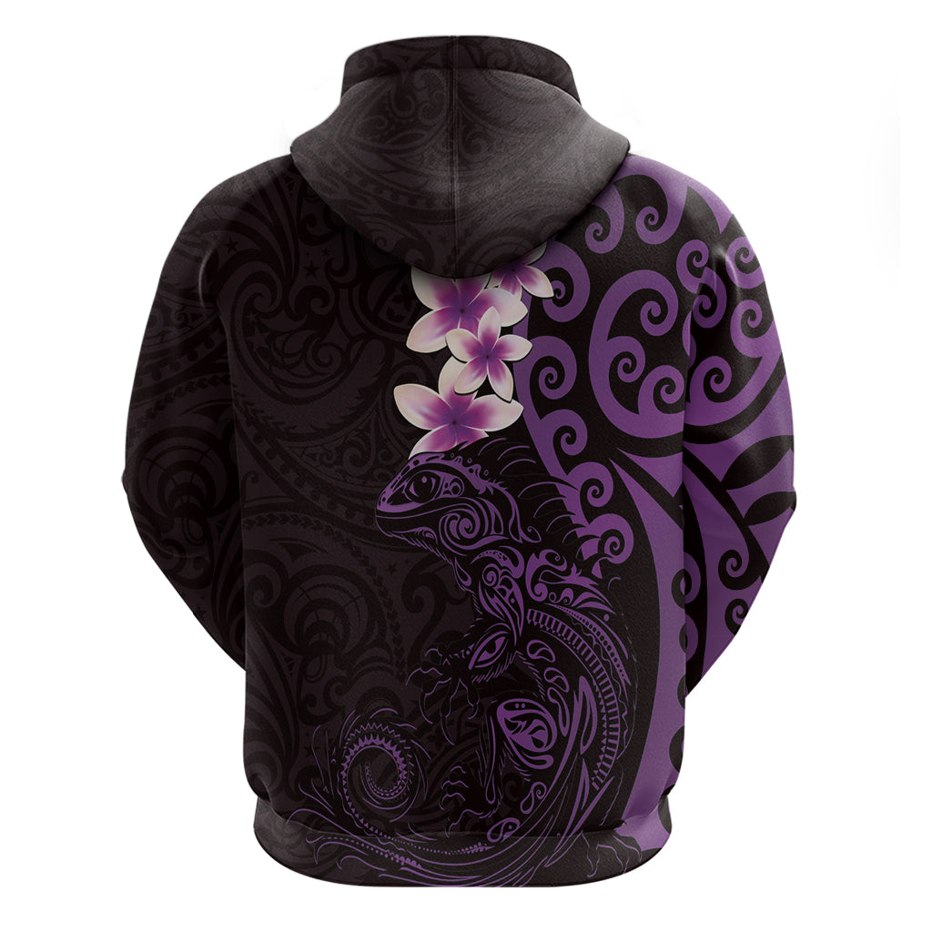New Zealand Tuatara Plumeria Zip Hoodie Maori Purple Koru Tribal Tattoo