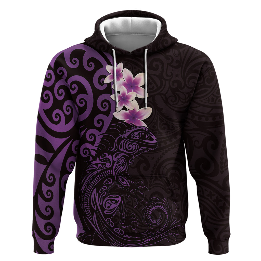 New Zealand Tuatara Plumeria Zip Hoodie Maori Purple Koru Tribal Tattoo
