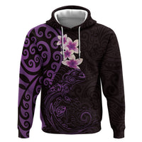 New Zealand Tuatara Plumeria Zip Hoodie Maori Purple Koru Tribal Tattoo