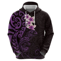 New Zealand Tuatara Plumeria Zip Hoodie Maori Purple Koru Tribal Tattoo