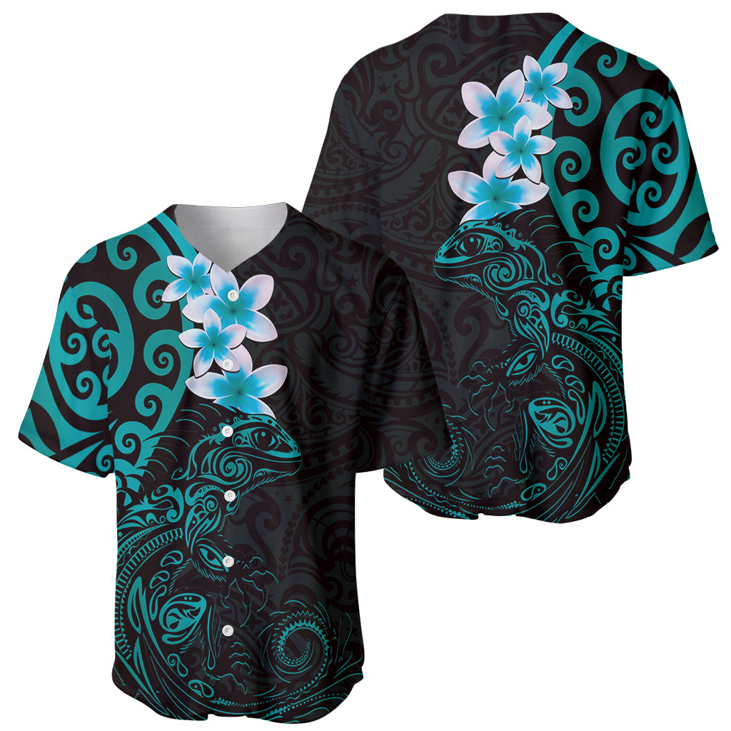 New Zealand Tuatara Plumeria Baseball Jersey Maori Teal Koru Tribal Tattoo