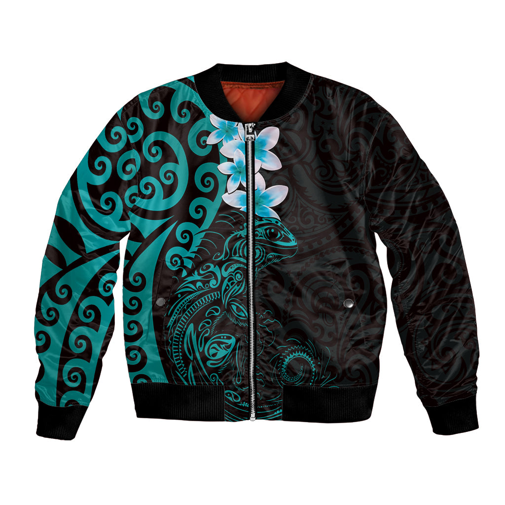 New Zealand Tuatara Plumeria Bomber Jacket Maori Teal Koru Tribal Tattoo LT01 Unisex Teal - Polynesian Pride