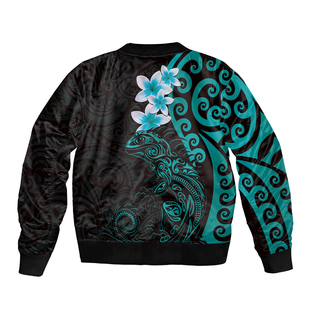 New Zealand Tuatara Plumeria Bomber Jacket Maori Teal Koru Tribal Tattoo LT01 - Polynesian Pride